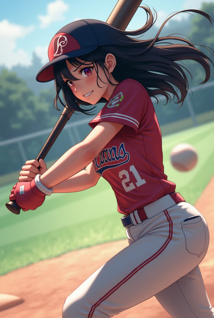 baseball　Women　Black Hair　Pixiv style illustration