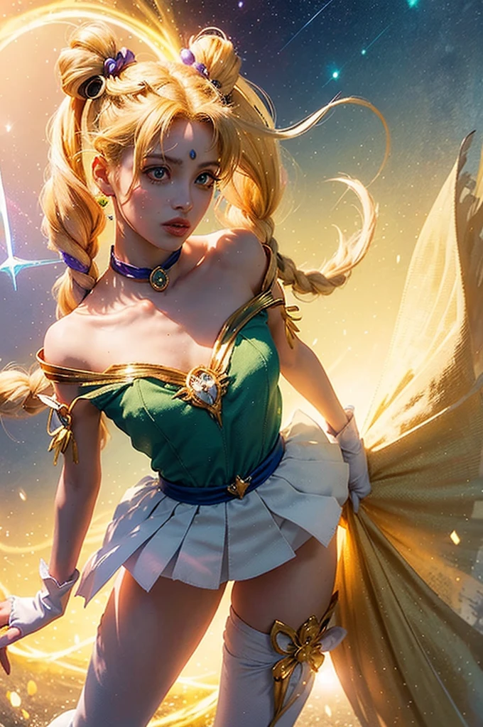 (sailor moon), skirt with border golden stripe, elemental_mage, (blonde twintail hair),forehead v style gemstone_tiara, [green floatin orb_of_power:10], diamond falling, iridescent ([choker:magical trim:0.4]:1.7) radiating on ([elemental pauldron:spellbound shoulder:0.4]:1.5), forehead, channeling, prismatic eyes, floating_island, short elemental_staff, [ombre, elemental_braid:0.1], [gloves high, magical_grimoire, enchanted_skirt plisada:0.4],long white cape, one leg lifted, in action. (Open legs:1.4), golden border on shoulders and heels.
(__views__:1.2),
__body-parts__,
Expressive Hues, Vibrant Palette,Dynamic Brushwork,sharp focus,
