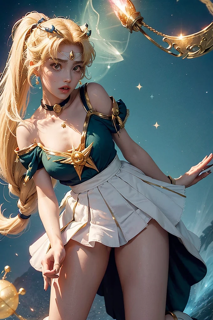 (sailor moon), skirt with border golden stripe, elemental_mage, (blonde twintail hair),forehead v style gemstone_tiara, [green floatin orb_of_power:10], diamond falling, iridescent ([choker:magical trim:0.4]:1.7) radiating on ([elemental pauldron:spellbound shoulder:0.4]:1.5), forehead, channeling, prismatic eyes, floating_island, short elemental_staff, [ombre, elemental_braid:0.1], [gloves high, magical_grimoire, enchanted_skirt plisada:0.4],long white cape, one leg lifted, in action. (Open legs:1.4), golden border on shoulders and heels.
(__views__:1.2),
__body-parts__,
Expressive Hues, Vibrant Palette,Dynamic Brushwork,sharp focus,
