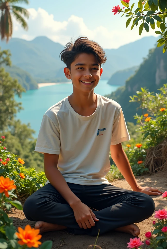 19 year realistic pic  sitting on a mountain  garden  enjoying plage inda 
,  boy wearing india plage tshirt and black pant  on it  and she is smileing 