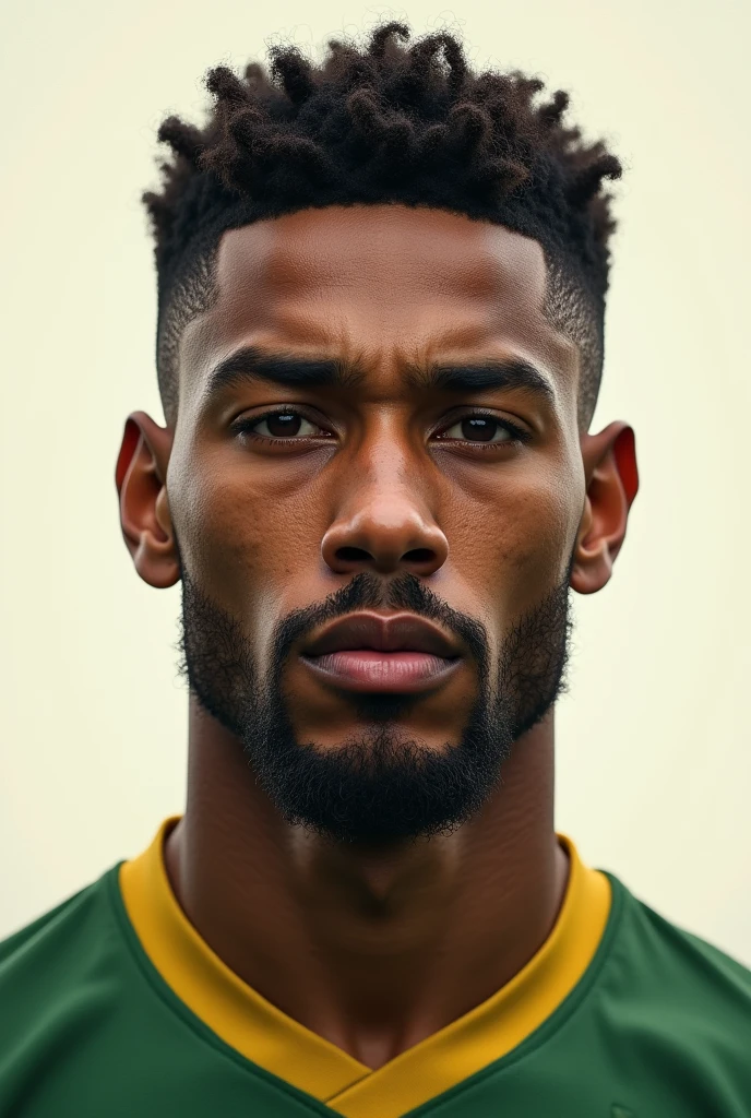 Brazilian football player, offwhite, shorth hair, goatee, curly hair