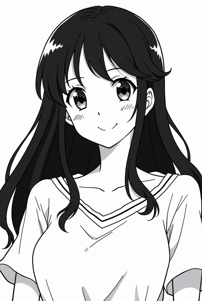 Black and white anime picture, black long hair, cheerful