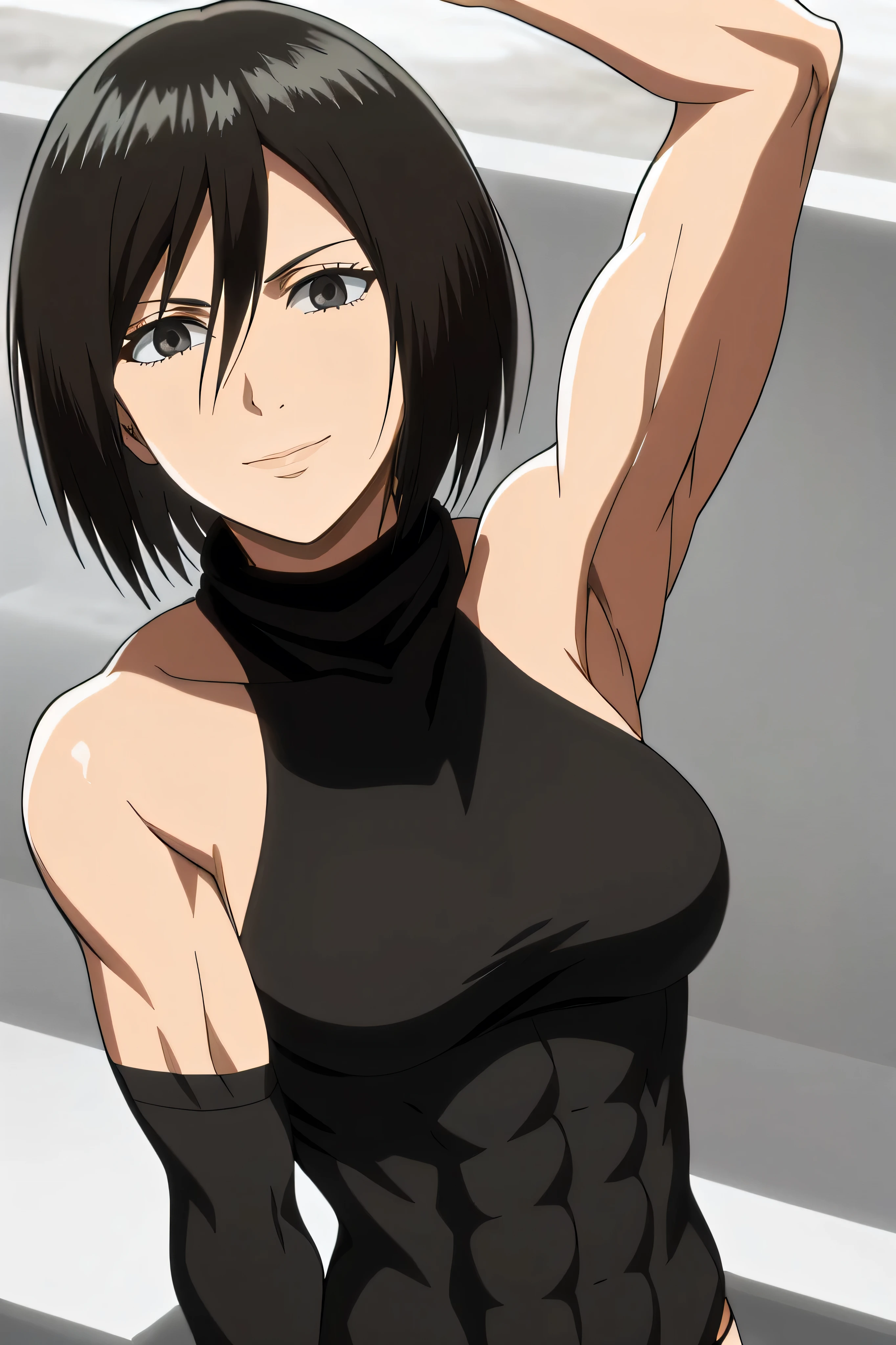 gorgeous, armpits, intricate details, 1girl, Mikasa Ackerman, (black hair:1.3), hair between the eyes, short hair, sideburns, Lips, close, only, Lips, masterpiece, The best quality, , bathing, weight, black eyes, , black eyes, Muscle, medium breasts, smile, muscular, muscular feminine, ABS, musculature, , naked
