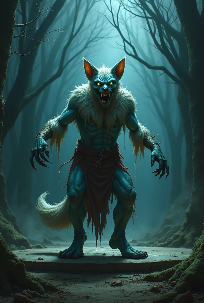 Create a horrifying image of a yokai in the style of Clive Barker. The yokai is a beast dancer with a torn dancing outfit, glowing green eyes, cat-like ears, sharp fangs, blood-stained claws, a wolf's tail, and pale blue skin. The background is an eerie forest with an old stage, emphasizing shadows and a nightmarish atmosphere.
