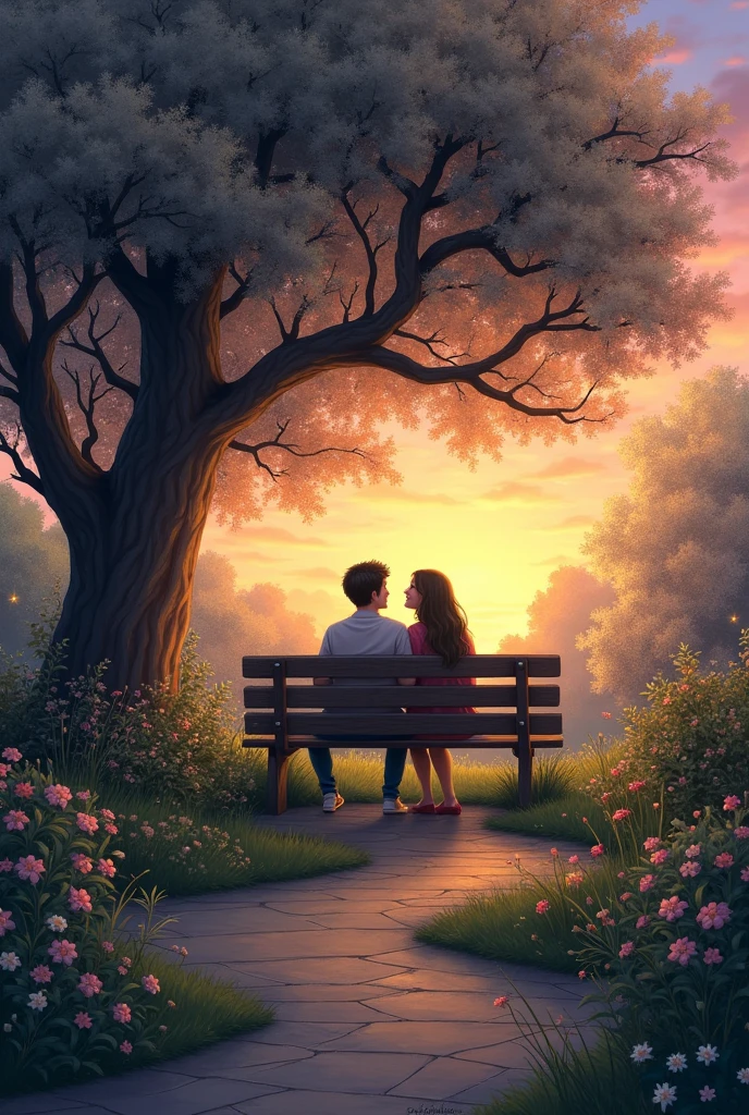 Imagine a serene garden at twilight, where the sky is tinged with warm tones like orange and purple. In the middle, there is an old wooden bench under a large tree, whose branches are laden with flowers in soft tones. The flowers can be different colors, representing the diversity and beauty of friendship.
In the distance, a path of smooth stones winds through lush plants and blooming flowers. along the trail, there are small stars shining, symbolizing the stars in the night mentioned in the poem.
In the lower corner of the painting, two figures in profile can be seen, seated on the bench, sharing a conversation and laughing together, as if time had stopped for them. Their silhouettes are enveloped in a soft aura of light emanating from the tree and the flowers, highlighting the warmth and trust of friendship.
At the top of the image, The title of the poem "The Garden of Friendship" it can be written with an elegant and cursive typeface, integrated into the design of the scene, as if it were part of the branches of the tree or the flowers that adorn the garden.
