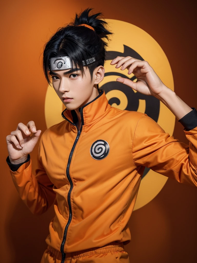 ((Best quality)) , ((Masterpiece)) , (Detailed) ,( orange naruto ) , 1 Handsome chinese slim guy, 20 years old, Hair combed smoothly, perfect body shape, big , black hair, beautiful face, focous on face details, wearing orange naruto costume, logo of hydra in the background