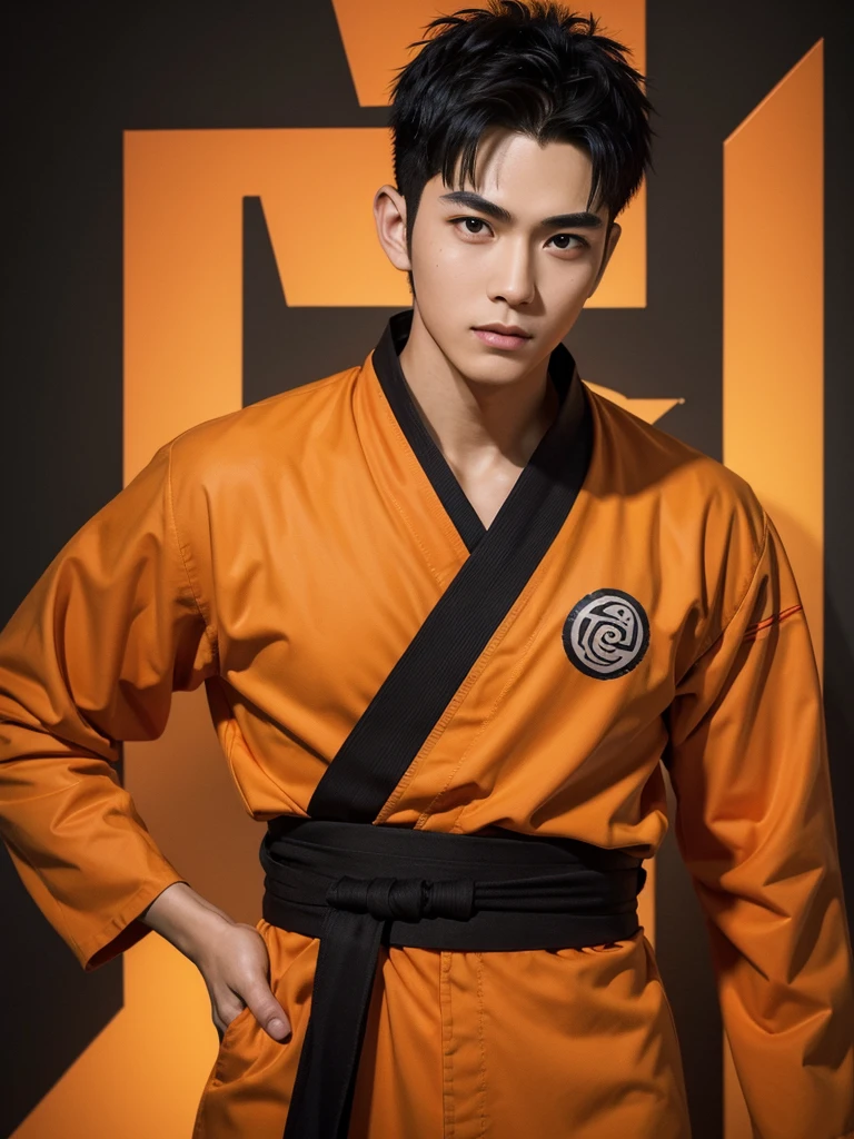 ((Best quality)) , ((Masterpiece)) , (Detailed) ,( orange naruto ) , 1 Handsome chinese slim guy, 20 years old, Hair combed smoothly, perfect body shape, big , black hair, beautiful face, focous on face details, wearing orange naruto costume, logo of hydra in the background