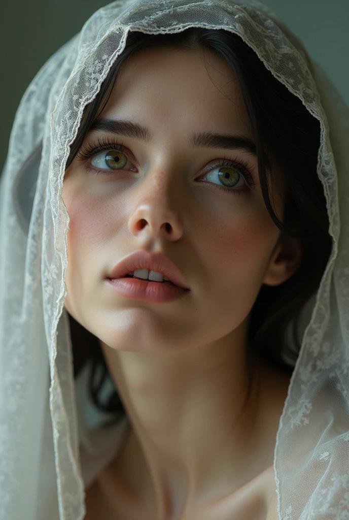 Realistic beautiful woman with a veil and her head slightly turned upwards