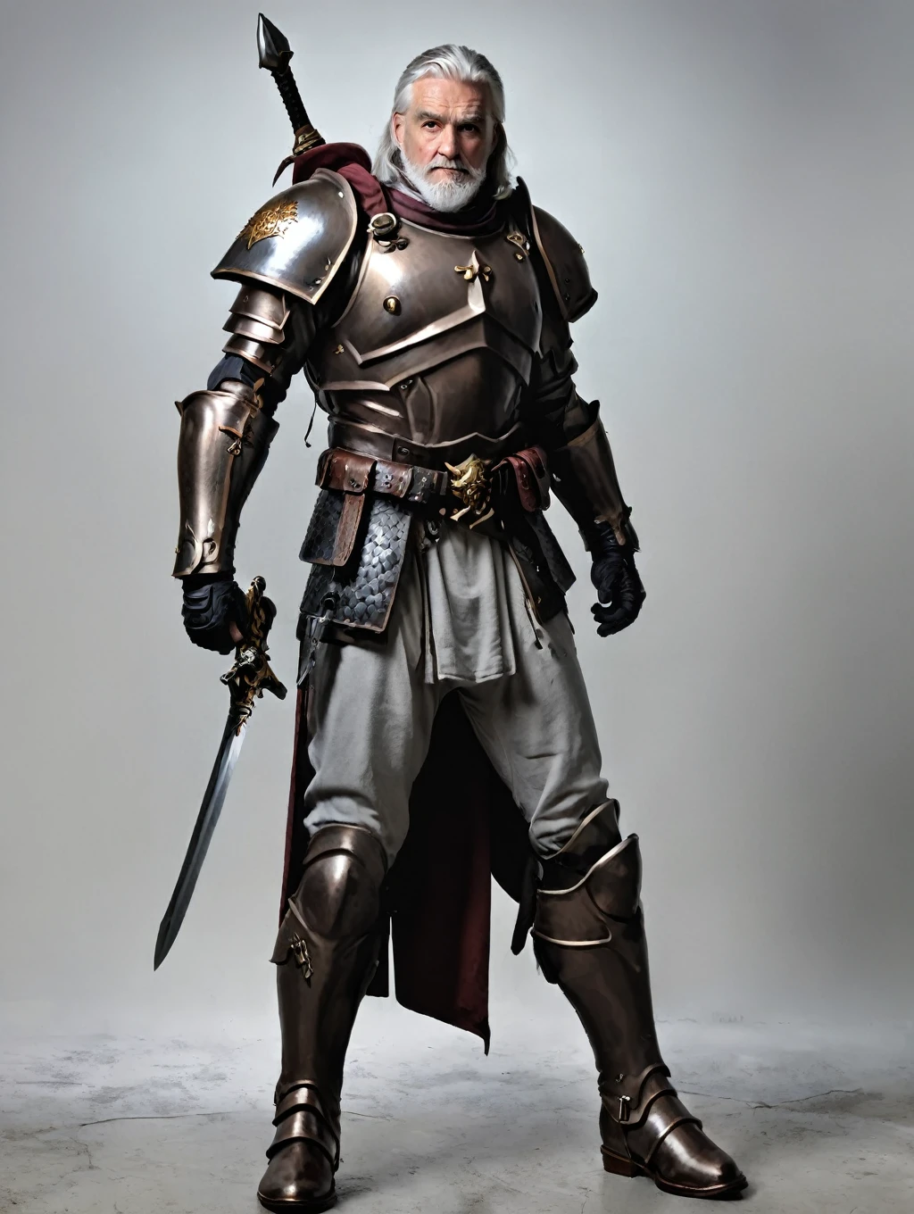 monochrome, HEZI, White film, Character modeling, weapon, holding weapon, solo, 1boy, armor, holding, male focus, polearm, full body, holding polearm, standing, beard, boots, facial hair, shoulder armor, helmet, grey background, spear, gradient, pauldrons, gloves, chainmail, gradient background, wide sleeves, robe, simple background, brown footwear, full armor, gauntlets, closed mouth, long sleeves, old man, breastplate, pelvic curtain, knife, halberd, faulds, old, sword, greaves, armored boots, dual wielding, grey hair, holding sword, fantasy, facing viewer, sheath