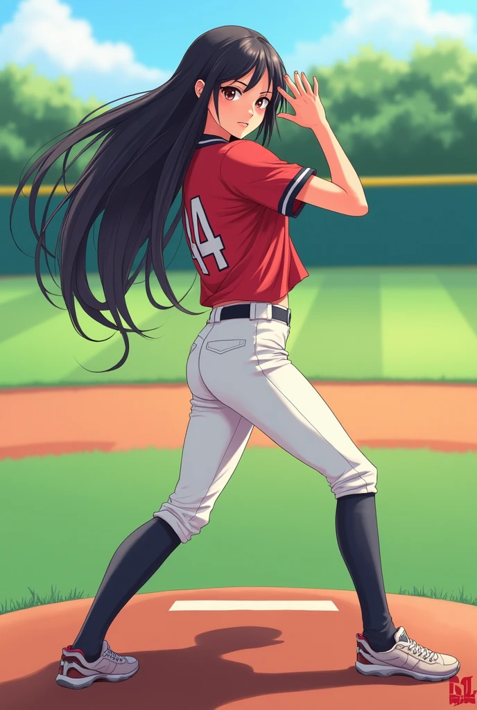 baseball　Women　Black Hair　Pixiv style illustration