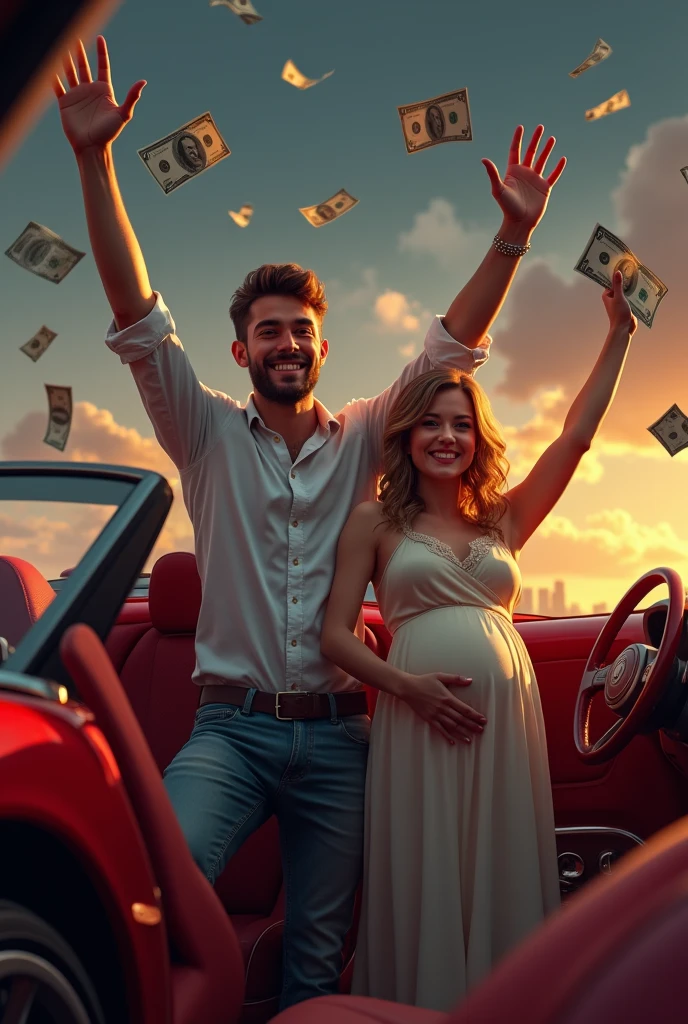 young man playing money in online casino, won in the car, motorbike, and his pregnant wife by his side

 