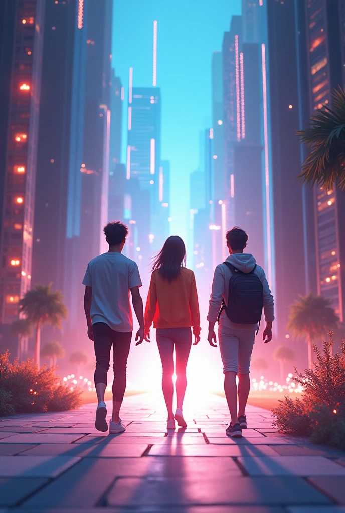 Create an image of 3 young people walking and exiting the virtual world, heading towards a portal where their dream college is located.