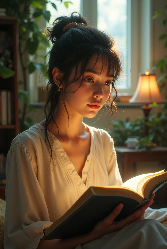 Now generate me an image of a young woman reading but different 