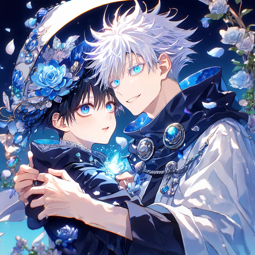 absurdres, highres, ultra detailed, HDR, master piece, Gojou Satoru, white hair with bangs, white eyelashes, expressive blue eyes, Fushiguro Megumi, black hair, expressive blue eyes, expressive blue eyes, Jujutsu Kaisen, magical hat, cute, best quality, blue moon, flowers, fantasy, magical, two boys hugging, yaoi, gay couple, water, blue shining fireflies, blue petals, cape, smiling,