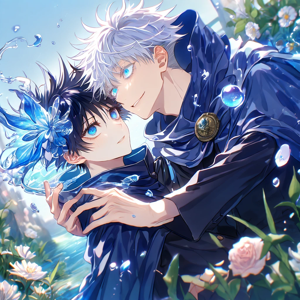 absurdres, highres, ultra detailed, HDR, master piece, Gojou Satoru, white hair with bangs, white eyelashes, expressive blue eyes, Fushiguro Megumi, black hair, expressive blue eyes, expressive blue eyes, Jujutsu Kaisen, magical hat, cute, best quality, blue moon, flowers, fantasy, magical, two boys hugging, yaoi, gay couple, water, blue shining fireflies, blue petals, cape, smiling,