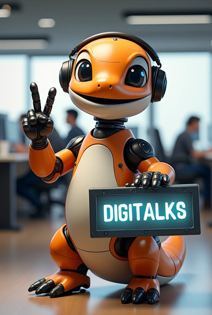 A robot salamander. Predominant Colors, orange, gris, black andwhite. Body color, orange. head, arms and legs, Use neutral colors, gris, black andwhite. Ela está fazendo com uma mão o Sign of vitória (Sign of "in").  In the other hand she holds a large digital sign that reads "DIGITALKS". The font of this sign is futuristic style. She wears black headphones. The setting is an office, In the background there are people sitting at tables and working. Your big eyes, black and white. He has a friendly and cheerful look.