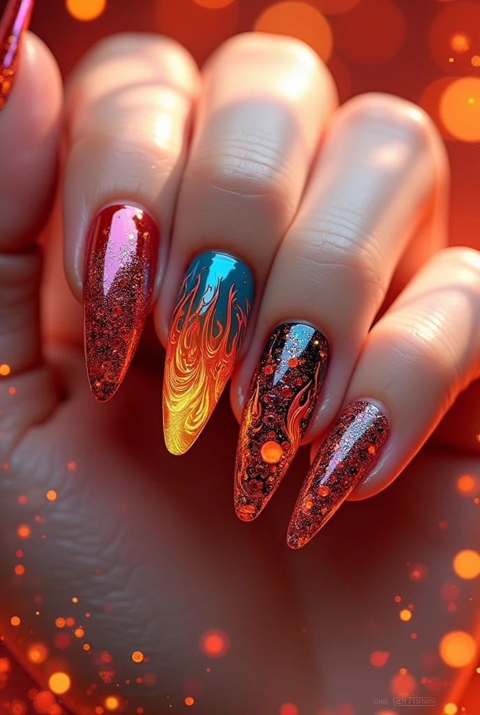 Make me nails that have 3D accents, mix-and-match patterns with flame designs
