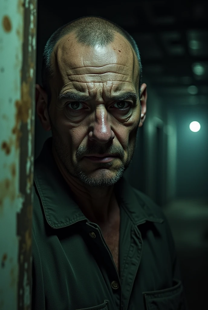 close up of a weary mechanic's face in a hallway, nightmare 
