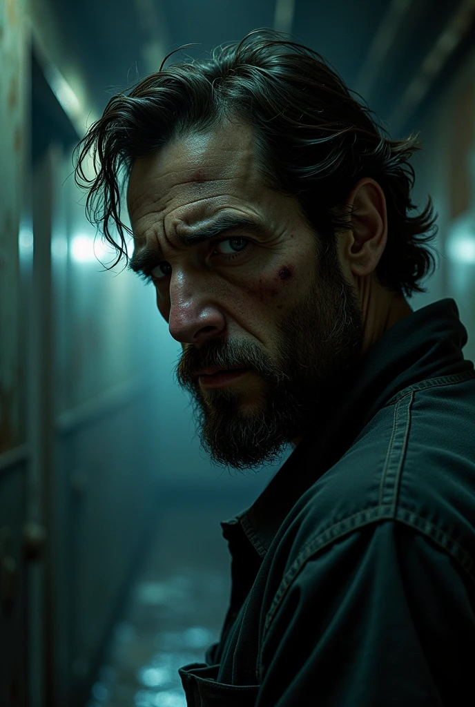 close up of a weary mechanic's face in a hallway, nightmare