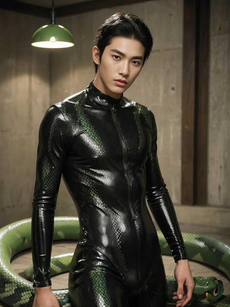 Korean man , ager, latex、snake print ,Green Snake pattern Bodysuit、bulge , Visible up to the legs、whole body , realistic good looking Korean face , Natural Muscle , Beardless face、masterpiece、High resolution、Hyperrealism、Detailed face、alone、male、Glowing Skin、(Asian)、(young、teen)、good looking、Detailed Background、good looking