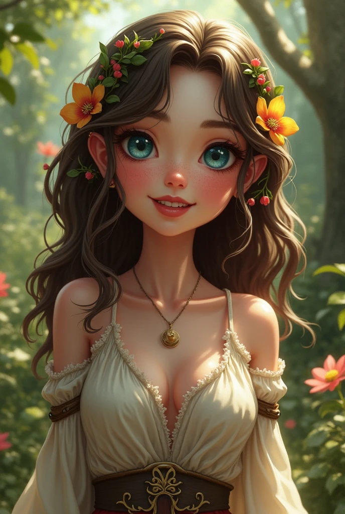 ((high resolution)), ((pale skin)), cute , freckled, brunette (:1.4), girl, with blue eyes, blushing cheeks, wavy hair, smiling, large breasts, as a fantasy druid, NSFW
