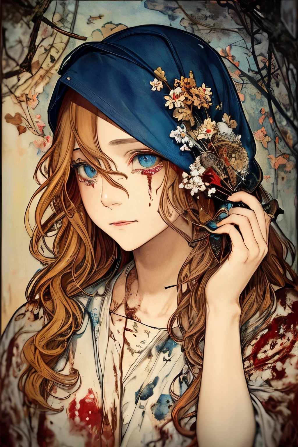 SFW,masutepiece, Best Quality, High resolution, 1girl, upper body, Details , detail hands, Detail fingers, Detail Face, detail legs, watercolor paiting, in graveyard, blonde hair, long hair, wavy hair, tattered clothes, blue eyes, zombie, skull, bone, (art nouveau:1.25), Maximalism artstyle, neon theme, suprematism, crying, beautiful detailed eyes,hyper detailed, beautifuly color, high details, high quality, back light, upper body , high quality, hair with body, cluster amaryllis, rotungwoka person, knife, in village, dead flower, bloody