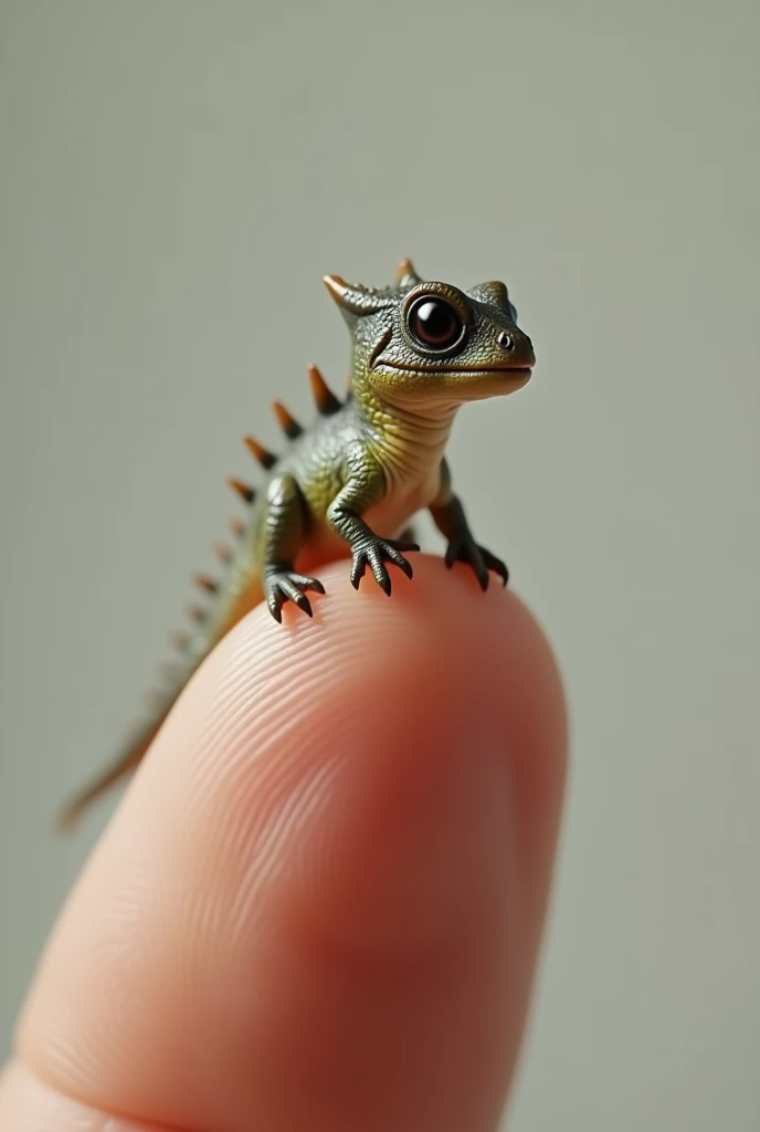 photorrealistic, 8k, Micro Tiny baby [dinosaur] perched on a human finger