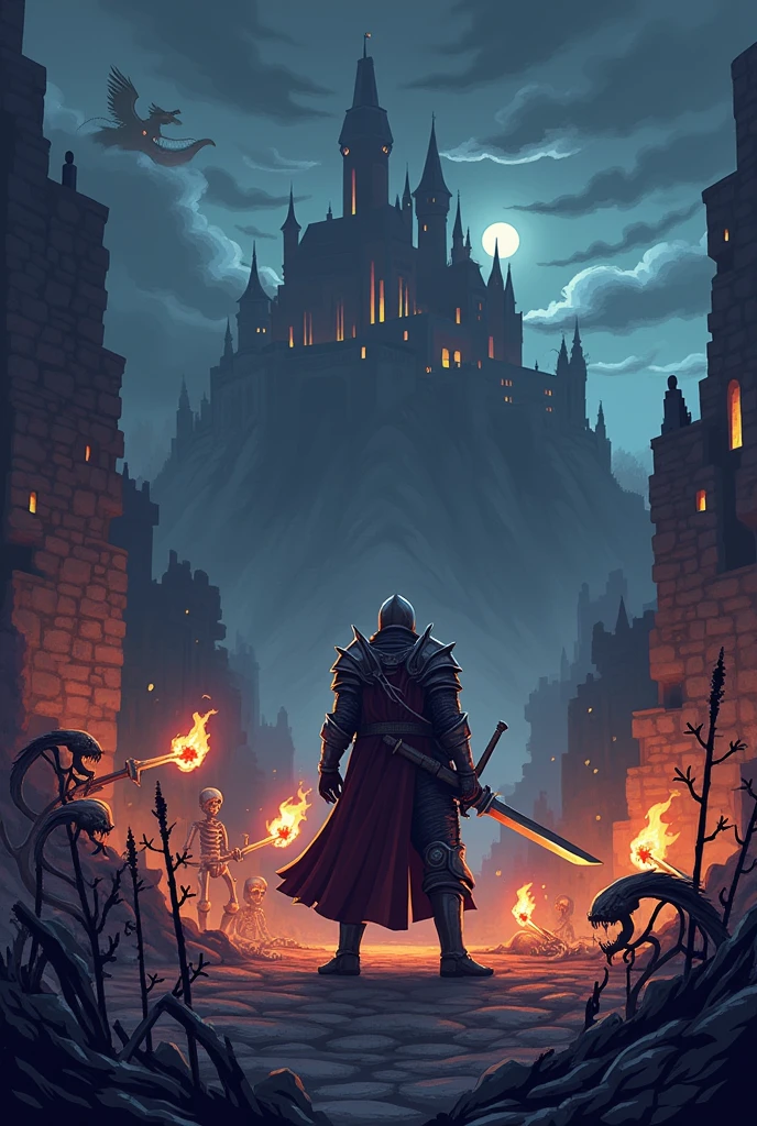 A dark souls character in pixel art , with several skeletons defeated and he's wearing knight armor and using a katana that's on fire , On a stormy night with torches blazing fiercely, he stands near a castle with a dead dragon in the background.