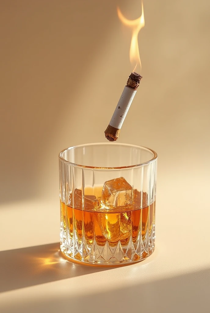 smaller short glass of wiskey with many cristal details and ice inside taking a realistic photo with beige background and in the air with a cigarrete outside of the glass bigger
