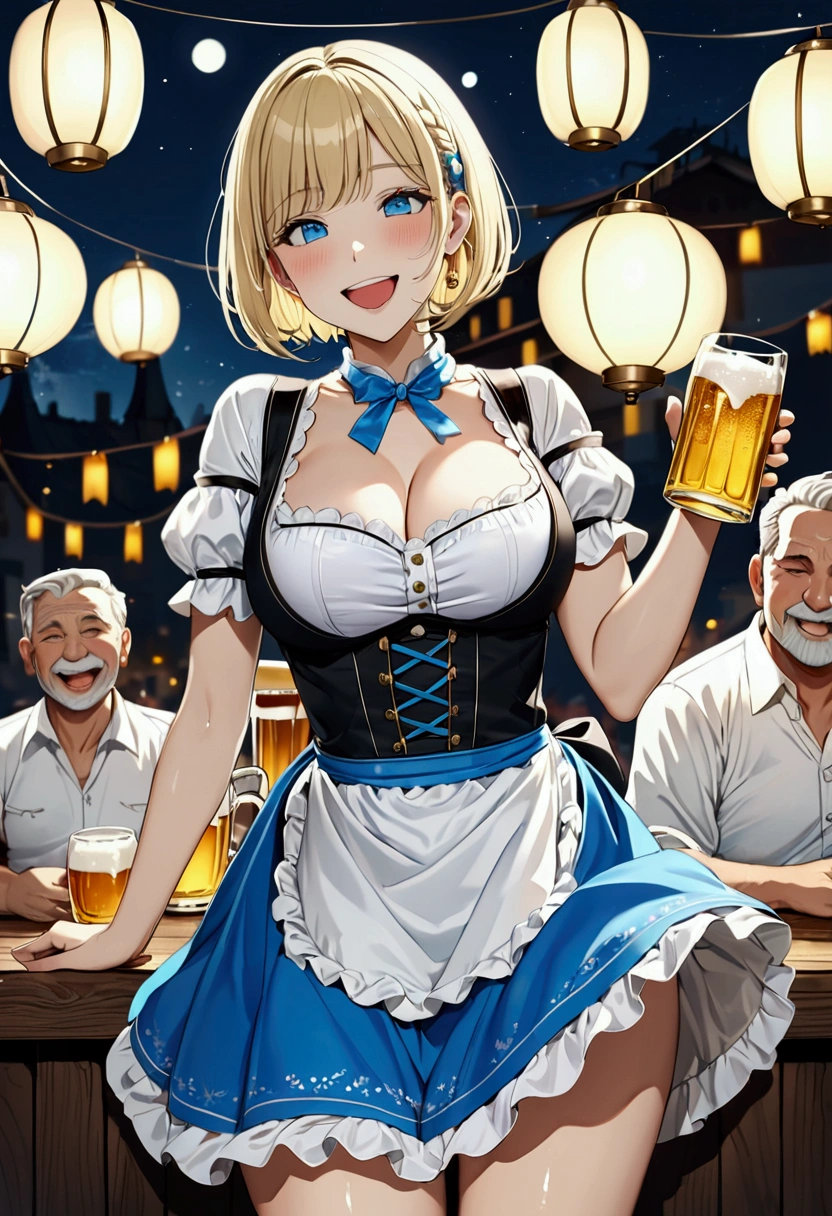 Blonde, Bobcut, chest, from the front, (Cowboy Shot), (View your viewers), ((Black and white dirndl)), Germany, ager, Tilt your head:1.3, (((blue eyes))), ((Smile)), (Highest quality, 4K, 8k, High resolution, masterpiece:1.2, Very detailed, Very detailed eyes,(Full Body Shot), , ((bar)), Dark Night,lamp、Beer 、Beer Glass、crowd、Drunk、Middle-aged men、chestを開く, Very slim, Big Breasts, focus on, in front of the eyebrows, Thick thighs((Gathered skirt)),Wet with sweat,((chestの谷間に汗をかく))((腕でchestの谷間を強調する)),Laughing with your mouth open