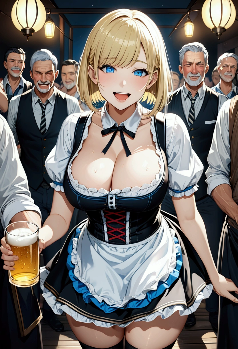 Blonde, Bobcut, chest, from the front, (Cowboy Shot), (View your viewers), ((Black and white dirndl)), Germany, teenager, Tilt your head:1.3, (((blue eyes))), ((Smile)), (Highest quality, 4K, 8k, High resolution, masterpiece:1.2, Very detailed, Very detailed eyes,(Full Body Shot), , ((bar)), Dark Night,lamp、Beer 、Beer Glass、crowd、Drunk、Middle-aged men、chestを開く, Very slim, Big Breasts, focus on, in front of the eyebrows, Thick thighs((Gathered skirt)),Wet with sweat,((chestの谷間に汗をかく))((腕でchestの谷間を強調する)),Laughing with your mouth open