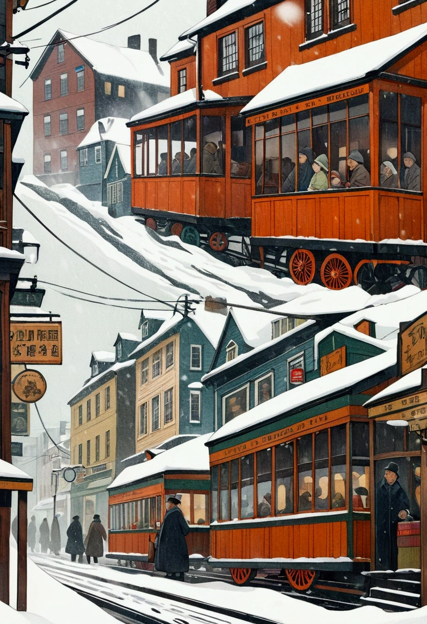 Rough hand-carved woodcut, heavily snowing day, buildings, carriages, store signs, passersby, good old-fashioned images, color, highest image quality.
