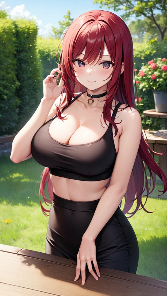 masterpiece, best quality, high detail, beautiful woman, long hair, straight hair, red hair, large bust, cleavage, white tank top cropped, black maxi pencil skirt, long black pencil skirt, midriff, upper body, wide hips, sneakers, looking at viewer, light smile, garden, backyard,