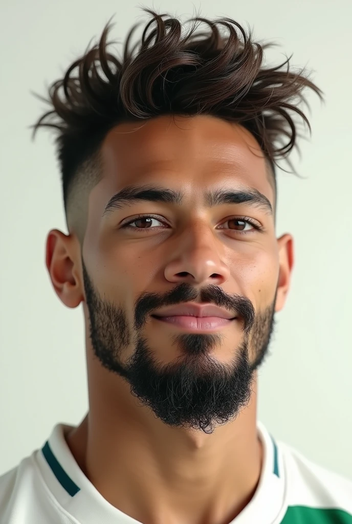 Brazilian football player, Neymar style hair, beautiful well-done beard, goatee and mustache done, offwhite