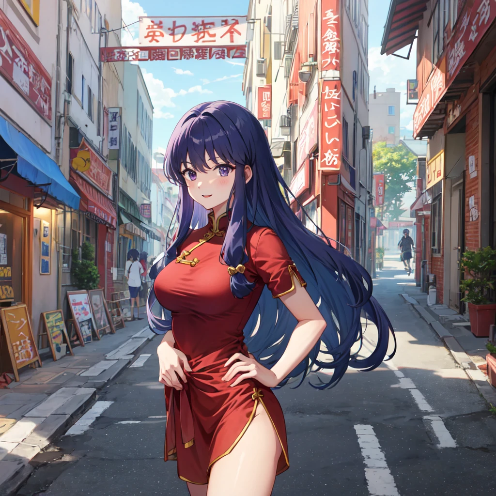 masterpiece, best quality, highres, perfect anatomy, perfect body, sexy body. 1 Girl only, Shampoo alone, /(Ranma ½/), china dress, red dress, anime style, happy expression, on an empty street in the morning, with hands on hips, looking at the viewer, mid shot, from waist to head, perfectly centered, well-adjusted framing, purple hair as in the original anime.