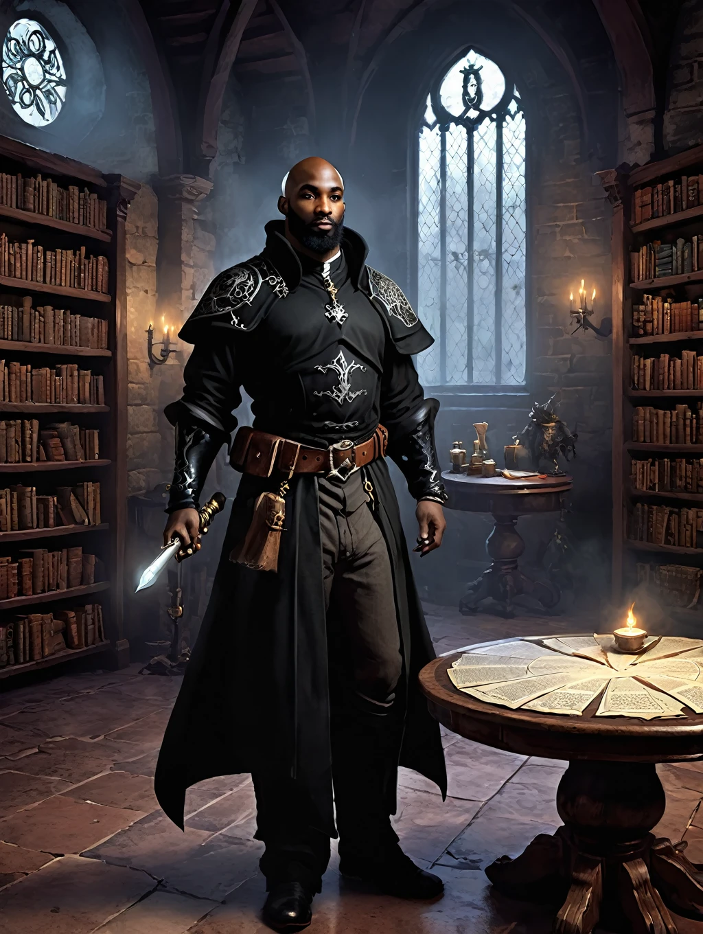 vmedieval fantasy character, RPG, mmo RPG, magician, black velvet cover with white interior and silver details, cartola de magician, dark-skinned, big fit ass e forte, baldie, of coccus, mystical runes emanndao magic, arcane grimoire, and magic staff,  30 year old appearance, short black beard, coulos, in an arcane library. medieval style with Victorian features, alchemy table in the background and scrolls scattered around, RPG fantisia medieval,  blacksad, big fit ass, Very strong 