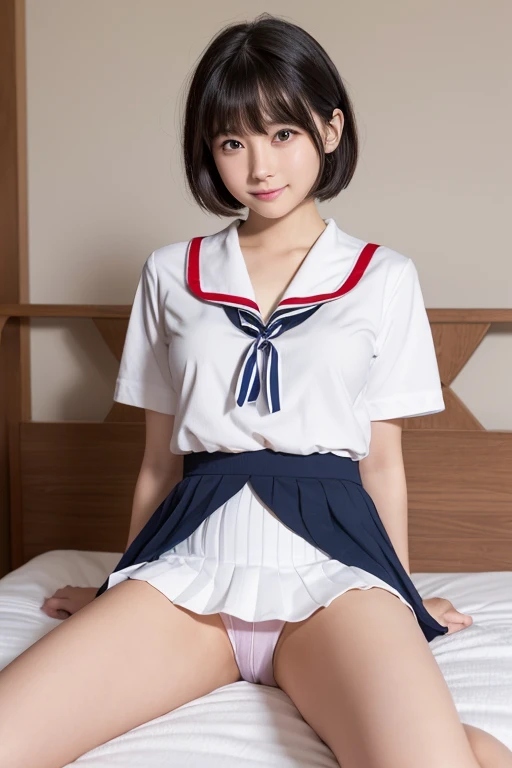 (Highest quality, masterpiece, Ultra-high resolution, (Realistic:1.4), RAW Photos), Japanese，My name is Akane。(Akane)，Facing forward、Spread your legs, student girls, Good figure, (Upturned buttocks, Beautiful and sexy ass), Small breasts, Like a flat chest，She is incredibly beautiful、young。.々Have a good face, Very cute smile, Young but sexy，Black Hair, Bob or short hair, Pure and innocent face,Sweat runs all over the body, She is wearing a white summer sailor uniform。, The ribbon on the sailor suit is red。，Wearing a dark blue pleated skirt，The skirt is short，Sitting in bed at home，Spread your legs座る，The white panties are clearly visible from under her skirt。，Her panties are digging in and creating vertical lines。，Full body shot。Full body shot from the front。