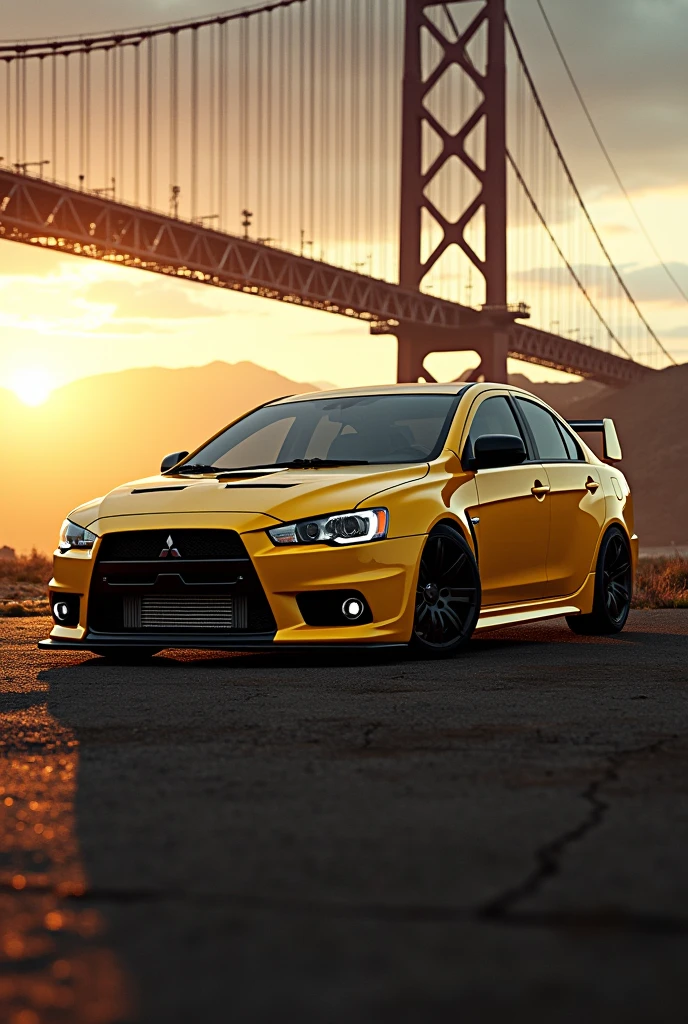 Yellow Mitsubishi Lancer Evo X in a landscape with a tall bridge as the sun sets.