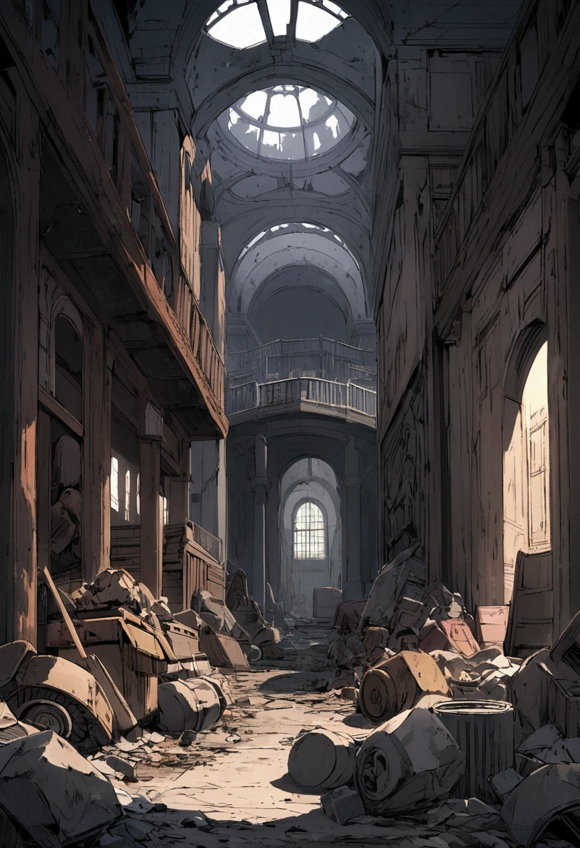 Kolwoon city. dark city. Indoors. dirty. garbage. trash. destruction