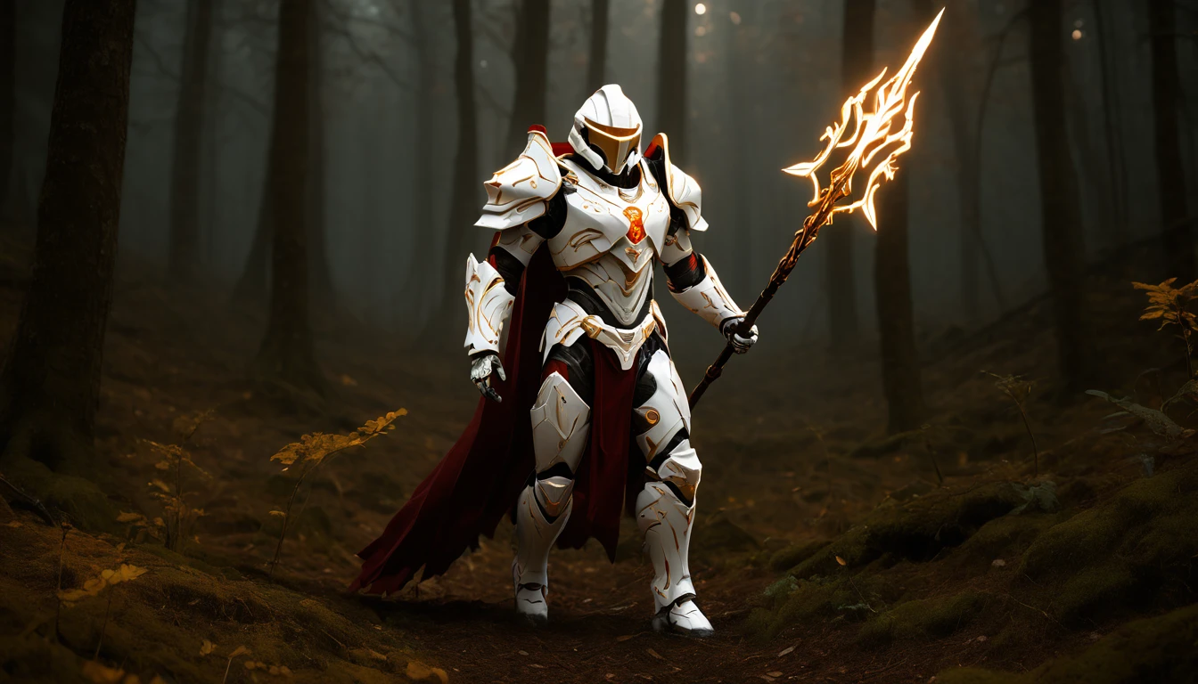 Masterpieces, male, Holy white Knight, (white armor) Action style shot, in a dark dead vampire woods with a red full moon. (no undercloth), holding a spear in one hand, Glowing amber colored Christian Cross on breastplate, (Battle Priest in a warframe and halo style armor holding a spear with radiant amber light, emanating potent gold light magic.), (amber half cape), (action shot: running through woods), (white, amber and gold color scheme), (5 amber gems on belt), (holy light magic effects), white and amber tabard, centered, full body shot fighting, sci-fi knight, Halo master chief, vibrant colors, visible figure joints, cinematic shot, volumetric lighting, intricate pattern detail, highly detailed