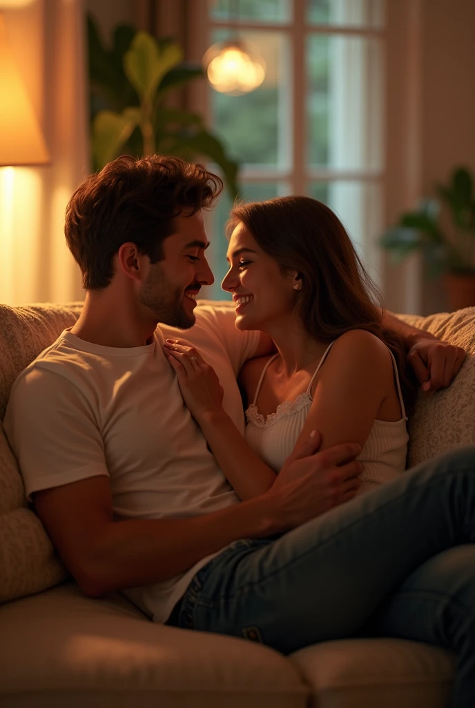 Man plays with woman on the couch
