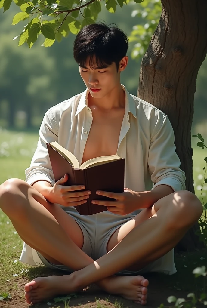 photorealistic, best quality, masterpiece, extremely detailed, sexy, homoerotic, extremely handsome, 30 year old muscular korean man, fair skin, (((muscular bodybuilder))), (((massive thighs))), wearing unbuttoned shirt and tiny shorts, sitting under a tree, reading a book, extremely romantic atmosphere, perfect face, perfect fingers, perfect hands, perfection