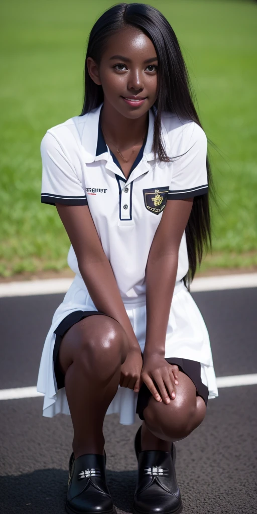neat college girl, person, (school uniform, summer uniform, short sleeves), outside the athletic field, (slim, small, flat, small), photorealistic, detail, skin texture, super detail, delicate and sexy collarbone, smile, super detailed face, detailed lips, detailed eyes, double eyelids, legs sitting bending knees, squatting, white panties are visible from the skirt, Sexy poses,(( dark skin:1.6 ))