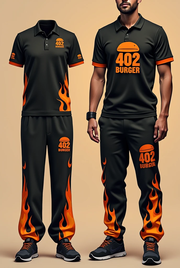 Design a complete uniform for a burger restaurant with the 402burger logo in orange and black, with a polo shirt and sweatpants that are creative and innovative with original designs and flames on the sweatshirt and t-shirt