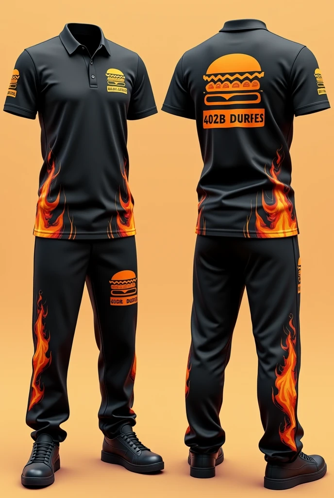 Design a complete uniform for a burger restaurant with the 402burger logo in orange and black, with a polo shirt and sweatpants that are creative and innovative with original designs and flames on the sweatshirt and t-shirt