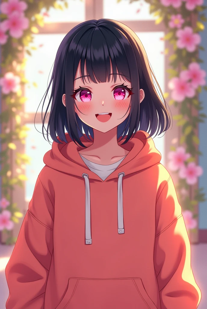 with jet-black bangs that fall straight across her forehead、She has pink eyes and a cheerful smile.。She's wearing a baggy hoodie、It has a cute and bright atmosphere.。