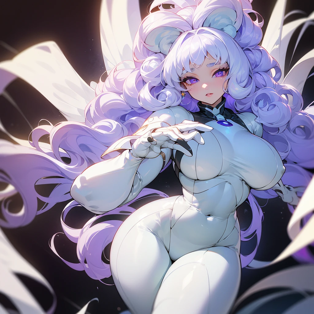 ((ultra quality)), ((masterpiece)), ((Angelic beauty woman)), ((long white curly hair)), ((White hair)), ((fluffy white hair)), ((curly hair)),  (beautiful face), (beautiful thick lips), Enchanting ((Calm facial expression)), looks at the camera with a slight smile, (White skin color), (White skin), glow on the body, ((detailed eyes)), ((Bear suit)), ((violet eyes)), (juicy female lips), (dark eyeliner), (beautiful female hands), ((thick body)), ideal female body, ((teddy bear)), beautiful waist, beautiful big hips, big breasts, thick thighs, ((threatening and beautiful)) (), ((depth of field)), ((high quality clear image)), (delete details), ((High detail)), ((clear focus))