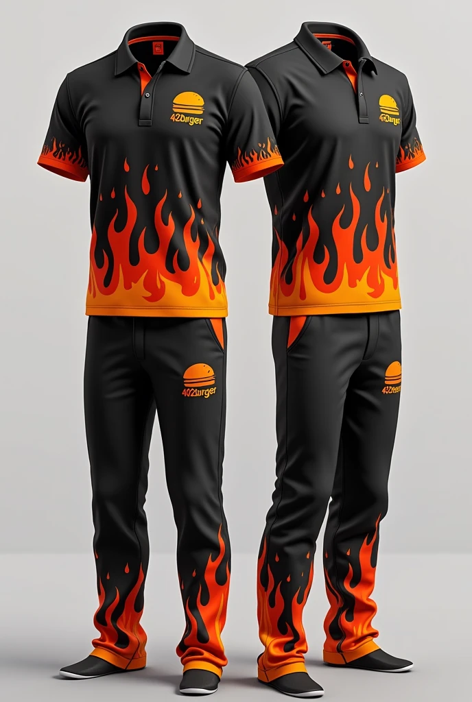 Design a complete uniform for a burger restaurant with the 402burger logo in orange and black, with a polo shirt and sweatpants that are creative and innovative with original designs and flames on the sweatshirt and t-shirt