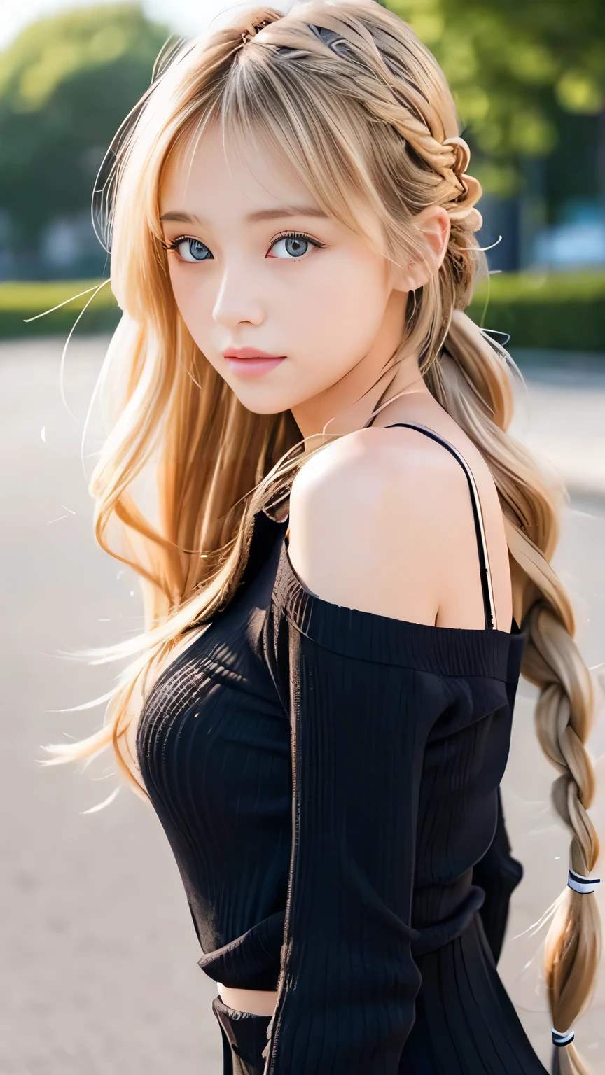 Sexy Big 、Sexy cute looks and cute beautiful girl, beautiful and sexy face、A strong wind blows my hair in front of my face、beautiful long blonde French braided hair、beautiful, Cute and sexy eyes hidden behind long bangs