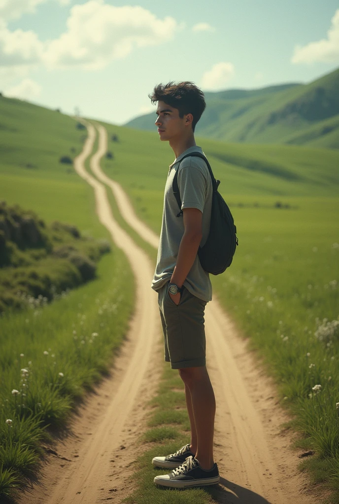 Young man walking with a choice of paths